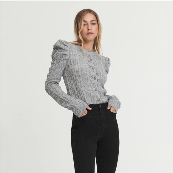 Something Navy Charlie Puff Shoulder Cable‎ Knit Cardigan Light Gray - Picture 1 of 14